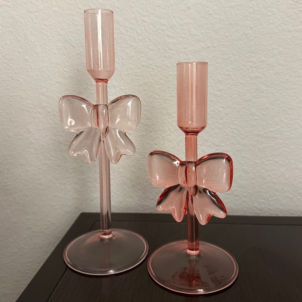 Pink Bow Glass Candle Holder Set
